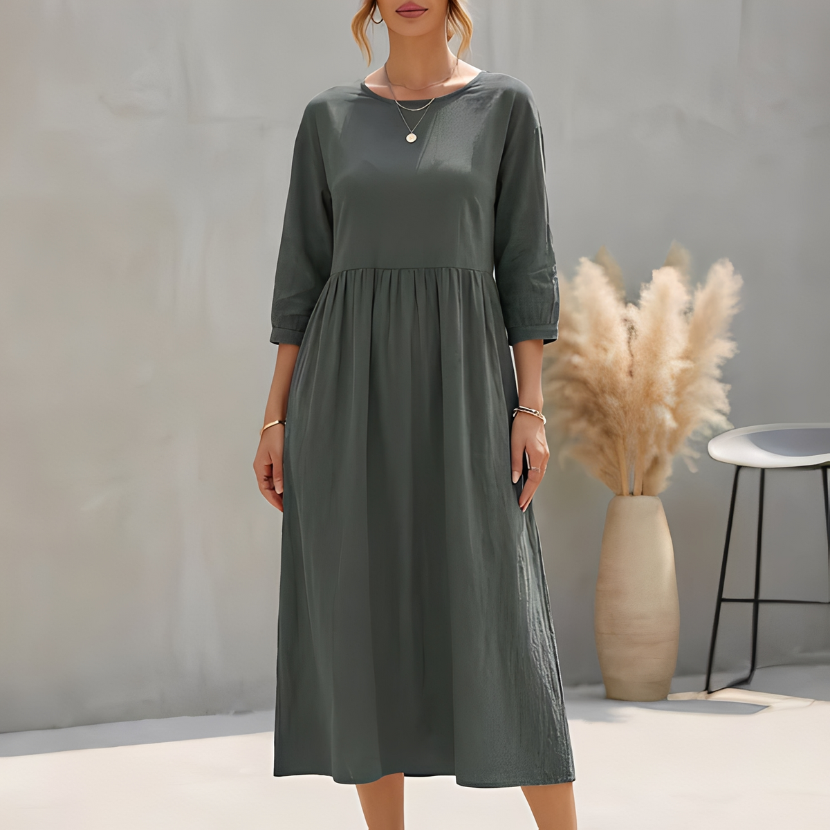 Sommerkleid Midi Damen Empire Taille Dreiviertelarm und Seitentaschen