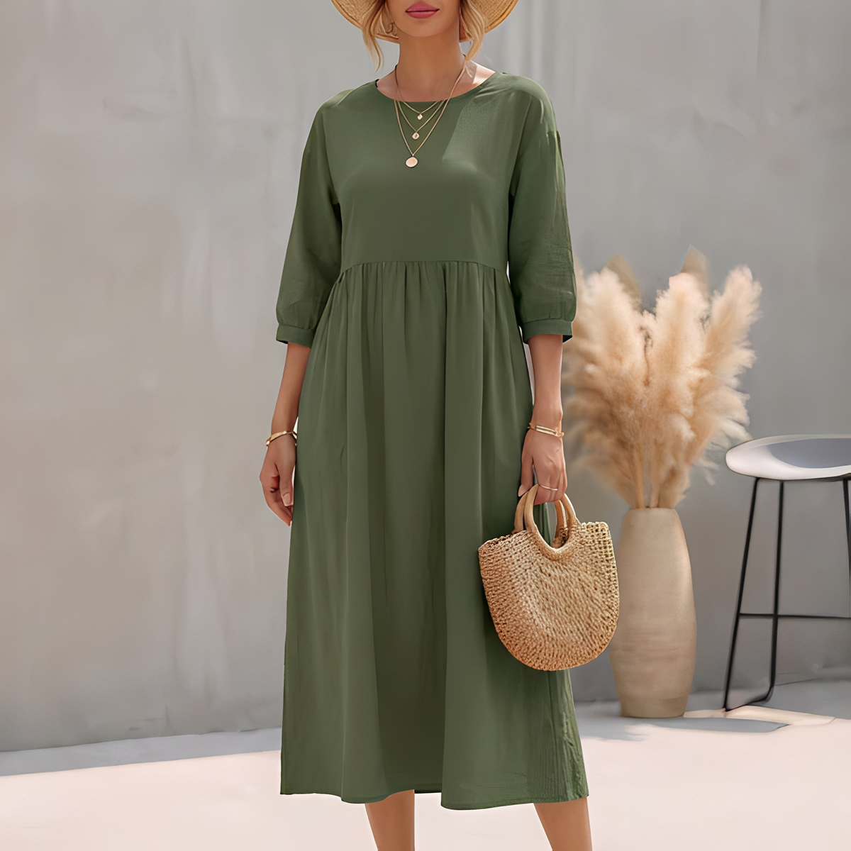 Sommerkleid Midi Damen Empire Taille Dreiviertelarm und Seitentaschen