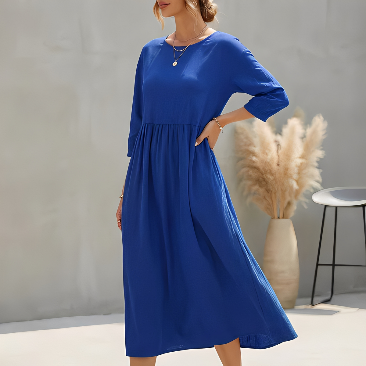 Sommerkleid Midi Damen Empire Taille Dreiviertelarm und Seitentaschen