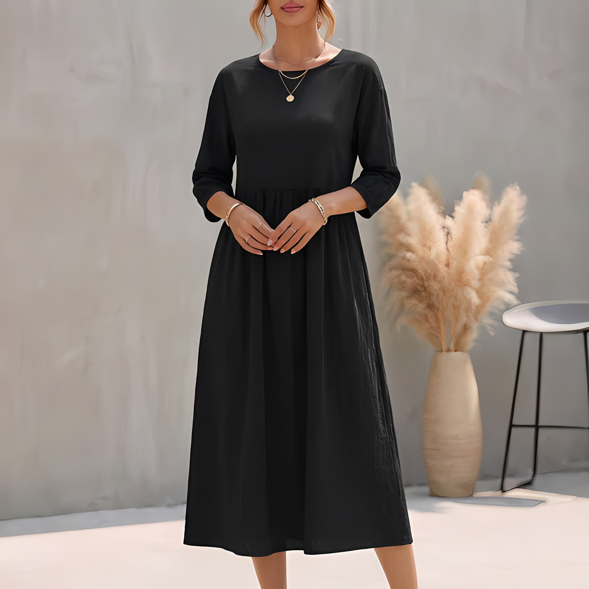 Sommerkleid Midi Damen Empire Taille Dreiviertelarm und Seitentaschen