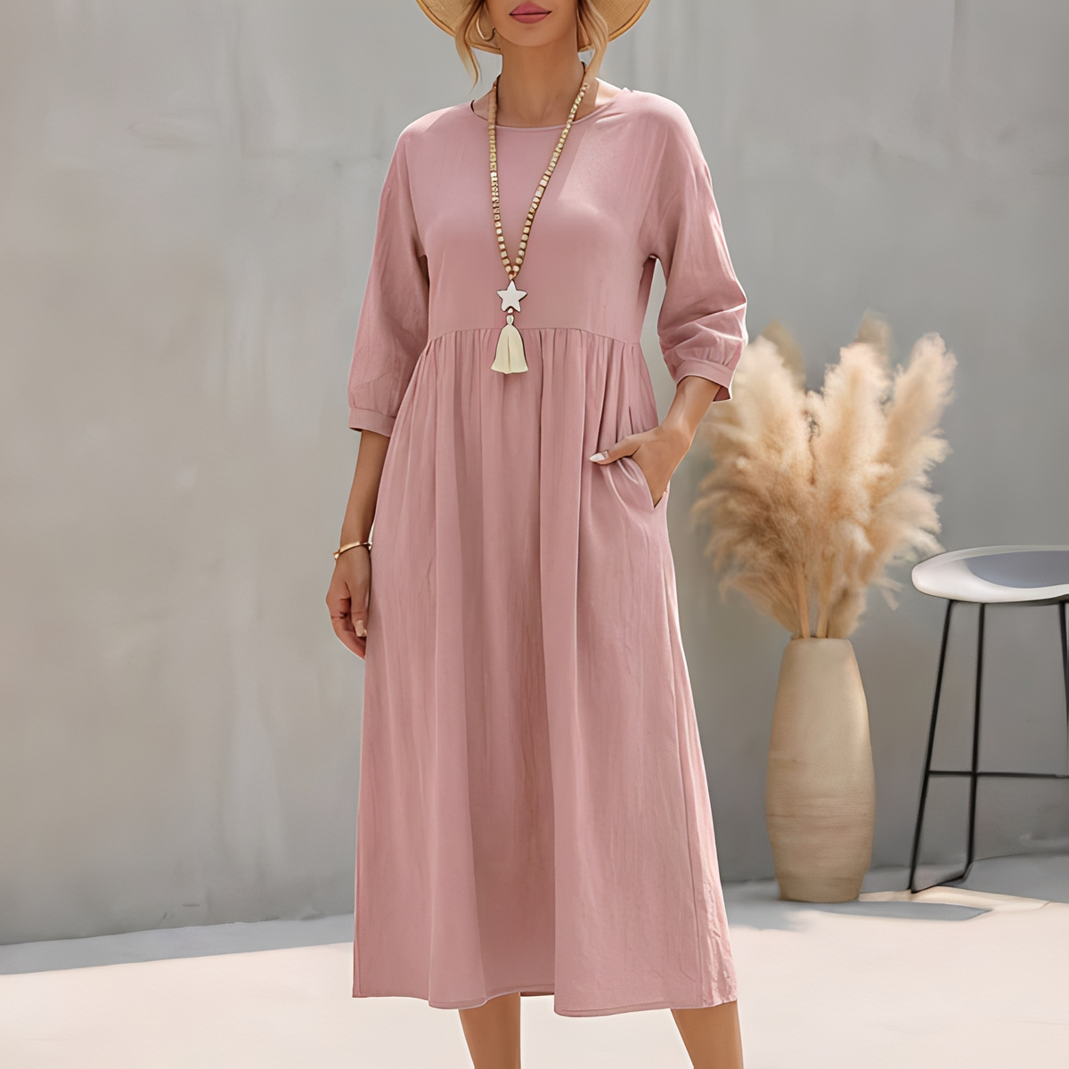 Sommerkleid Midi Damen Empire Taille Dreiviertelarm und Seitentaschen