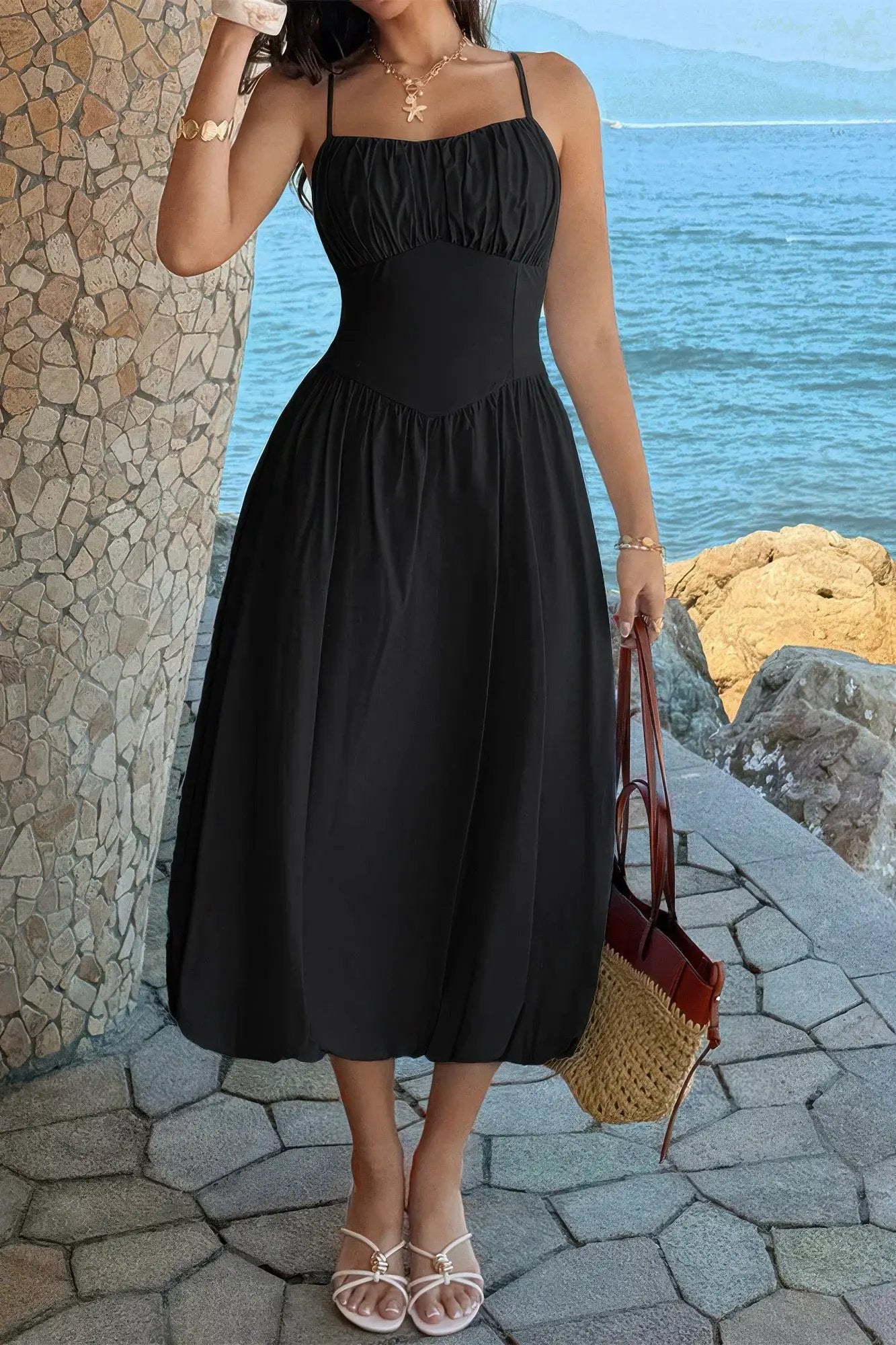 Damen ärmelloses A Linie Kleid mit Raffung