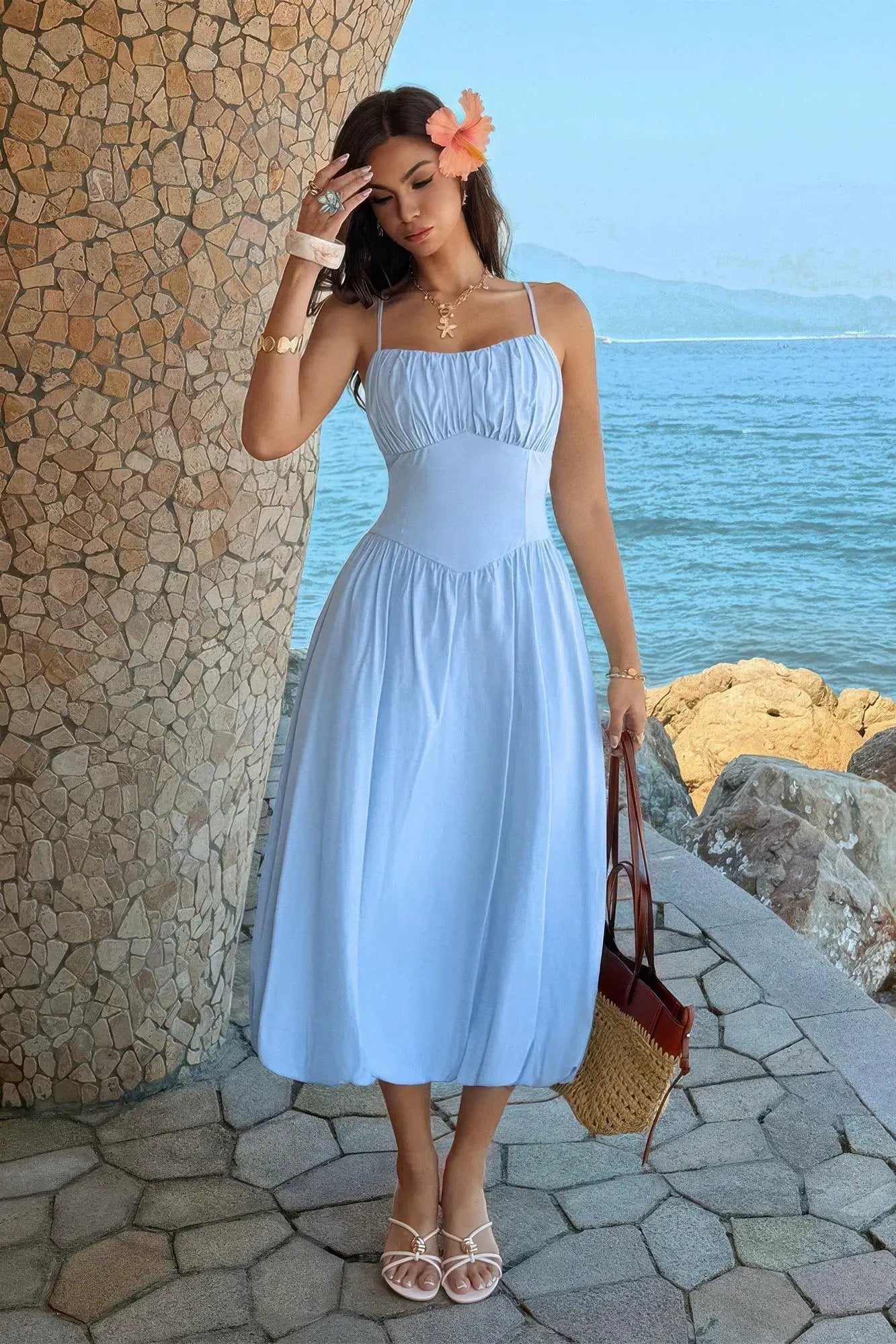 Damen ärmelloses A Linie Kleid mit Raffung