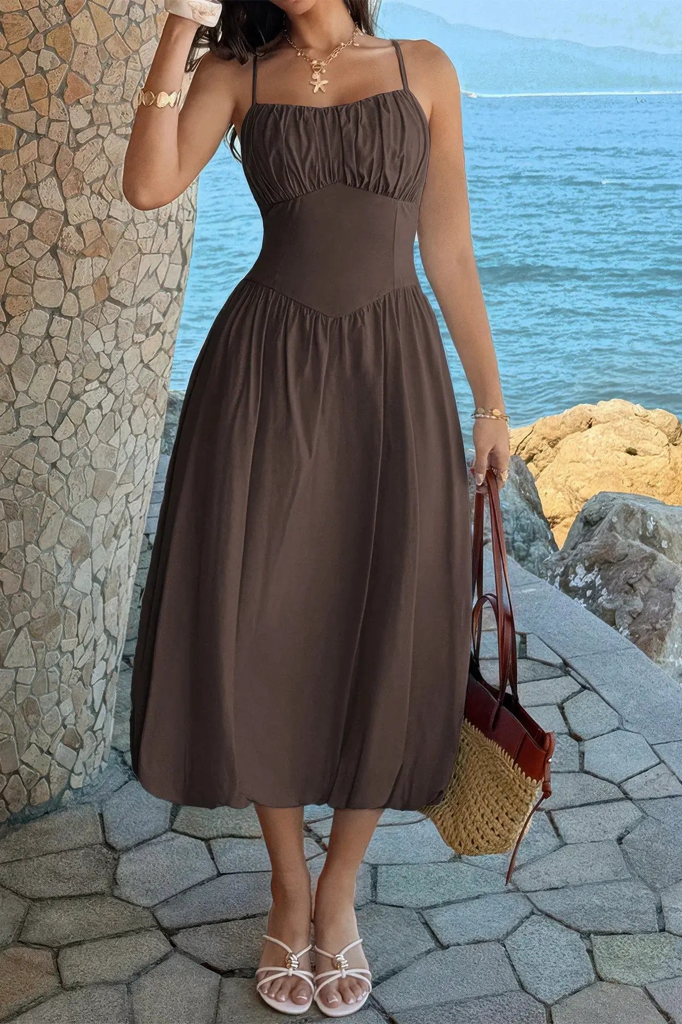 Damen ärmelloses A Linie Kleid mit Raffung