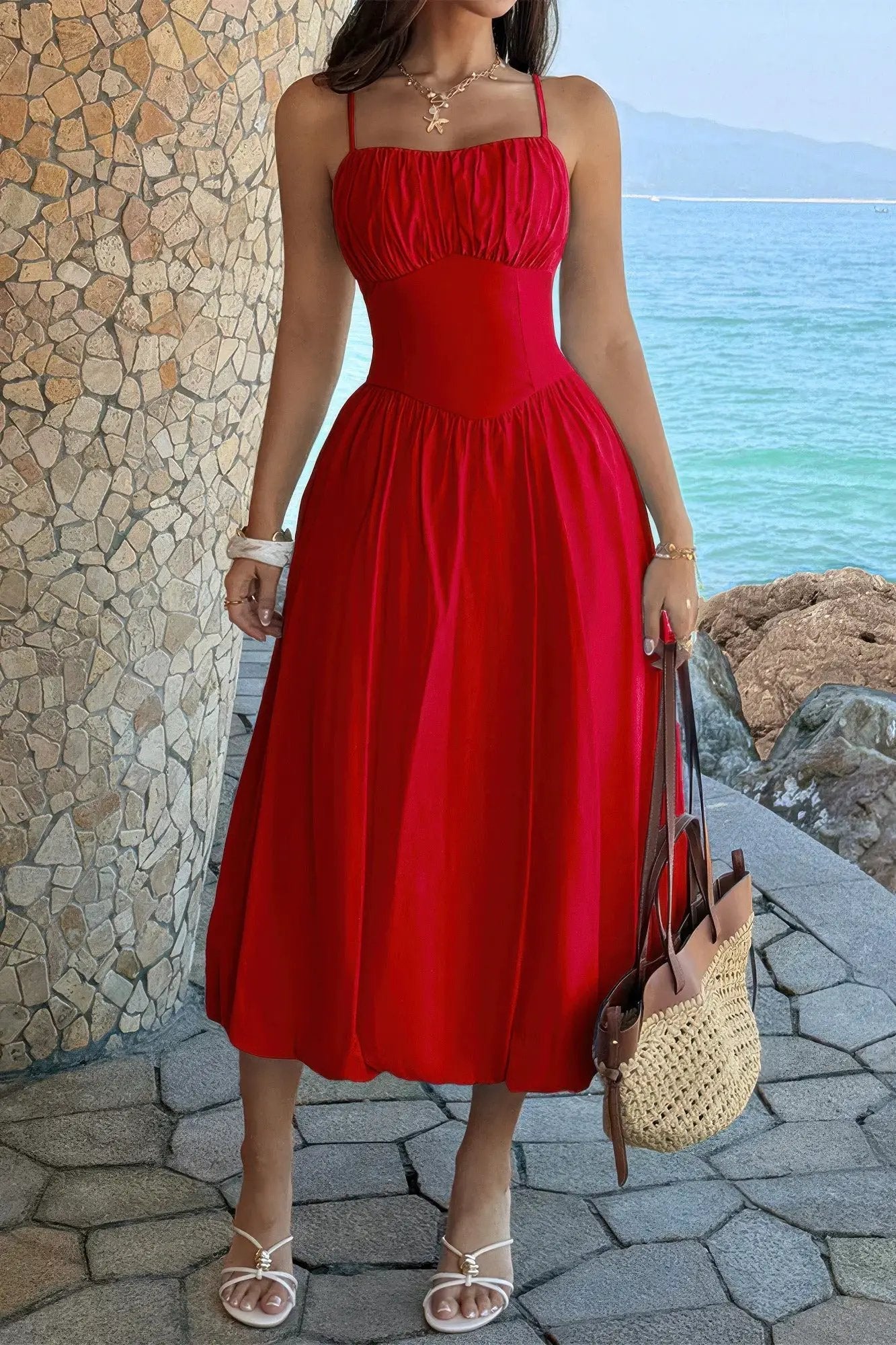 Damen ärmelloses A Linie Kleid mit Raffung