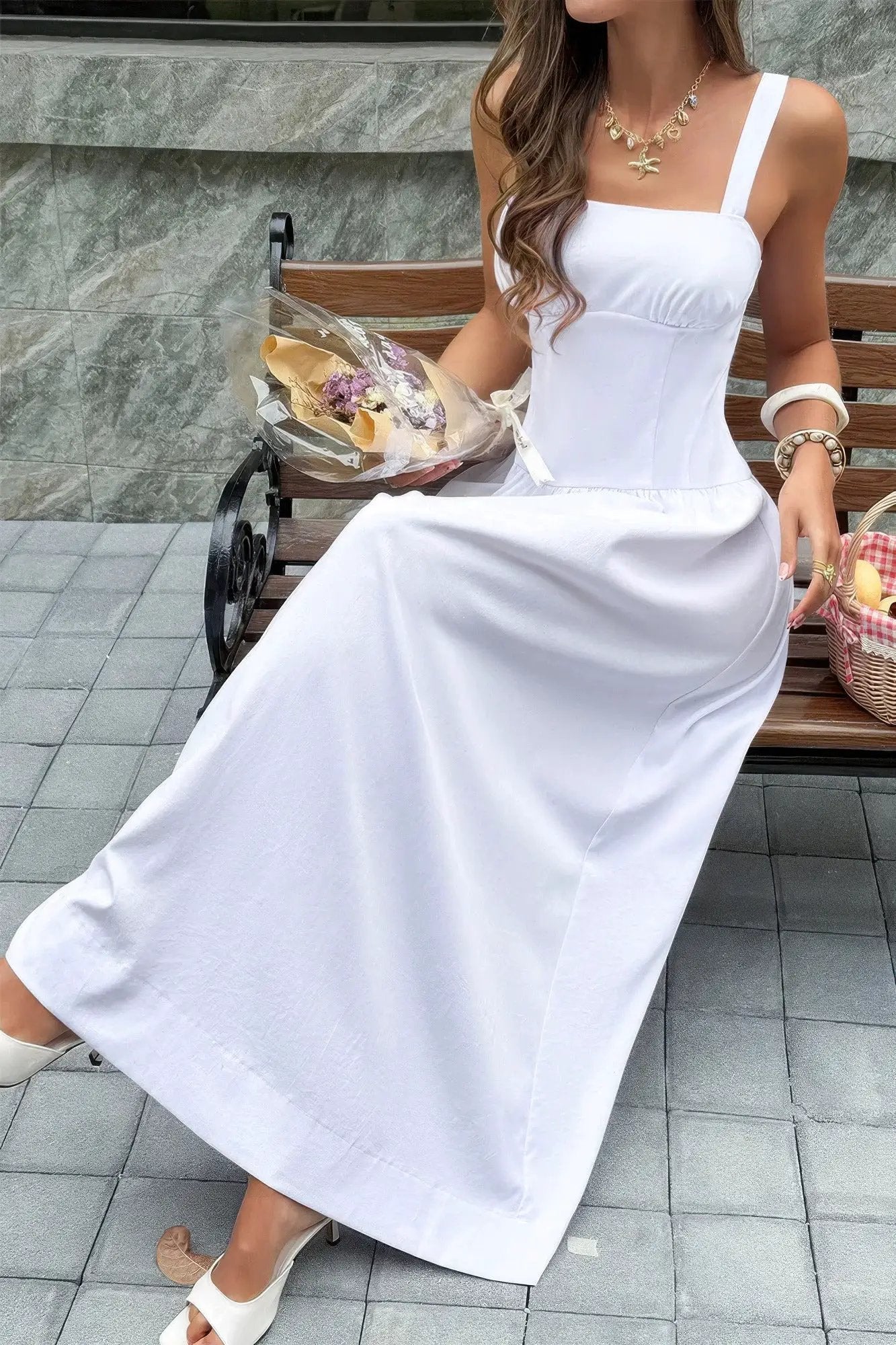 Damen ärmelloses langes A Linie Kleid mit Quadratausschnitt