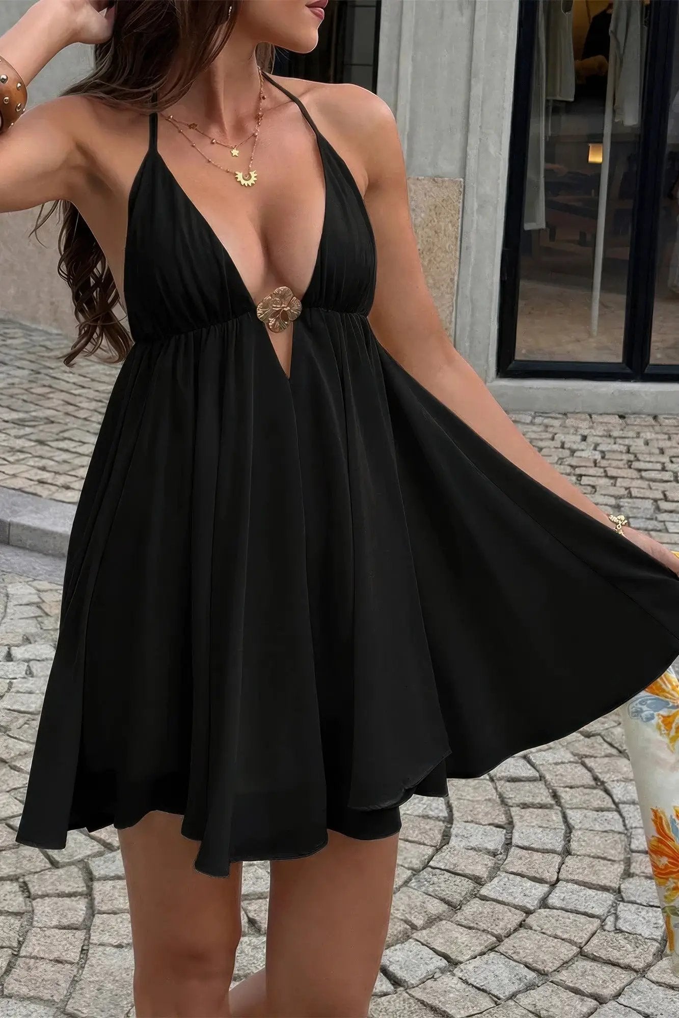 Damen Camisole A Linie Minikleid mit Metallschnalle