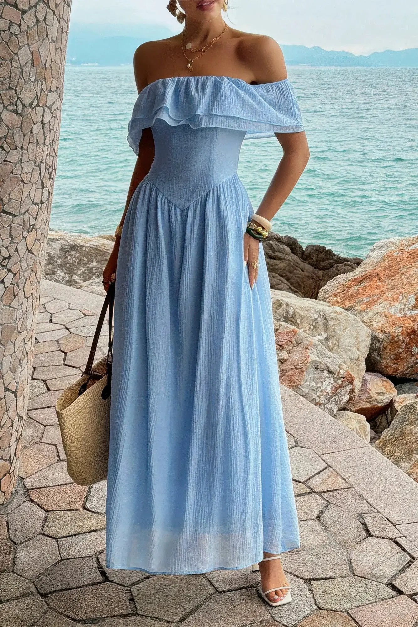Damen Off Shoulder Corset langes Kleid mit Rüschen