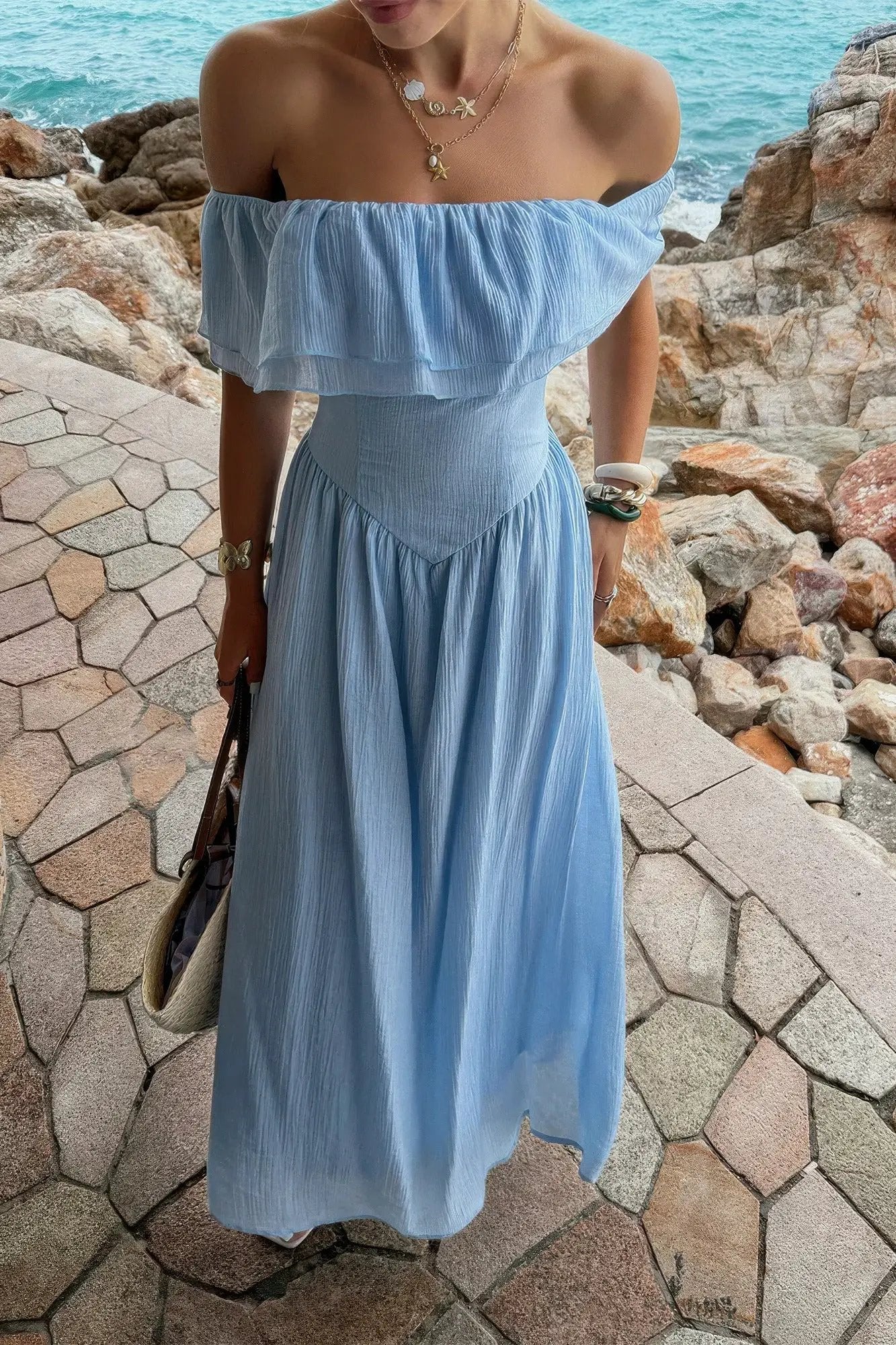 Damen Off Shoulder Corset langes Kleid mit Rüschen