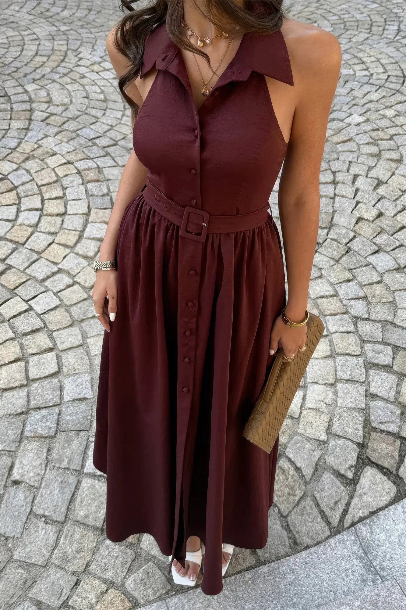 Damen ärmelloses A Linie Midikleid mit Kragen und Gürtel