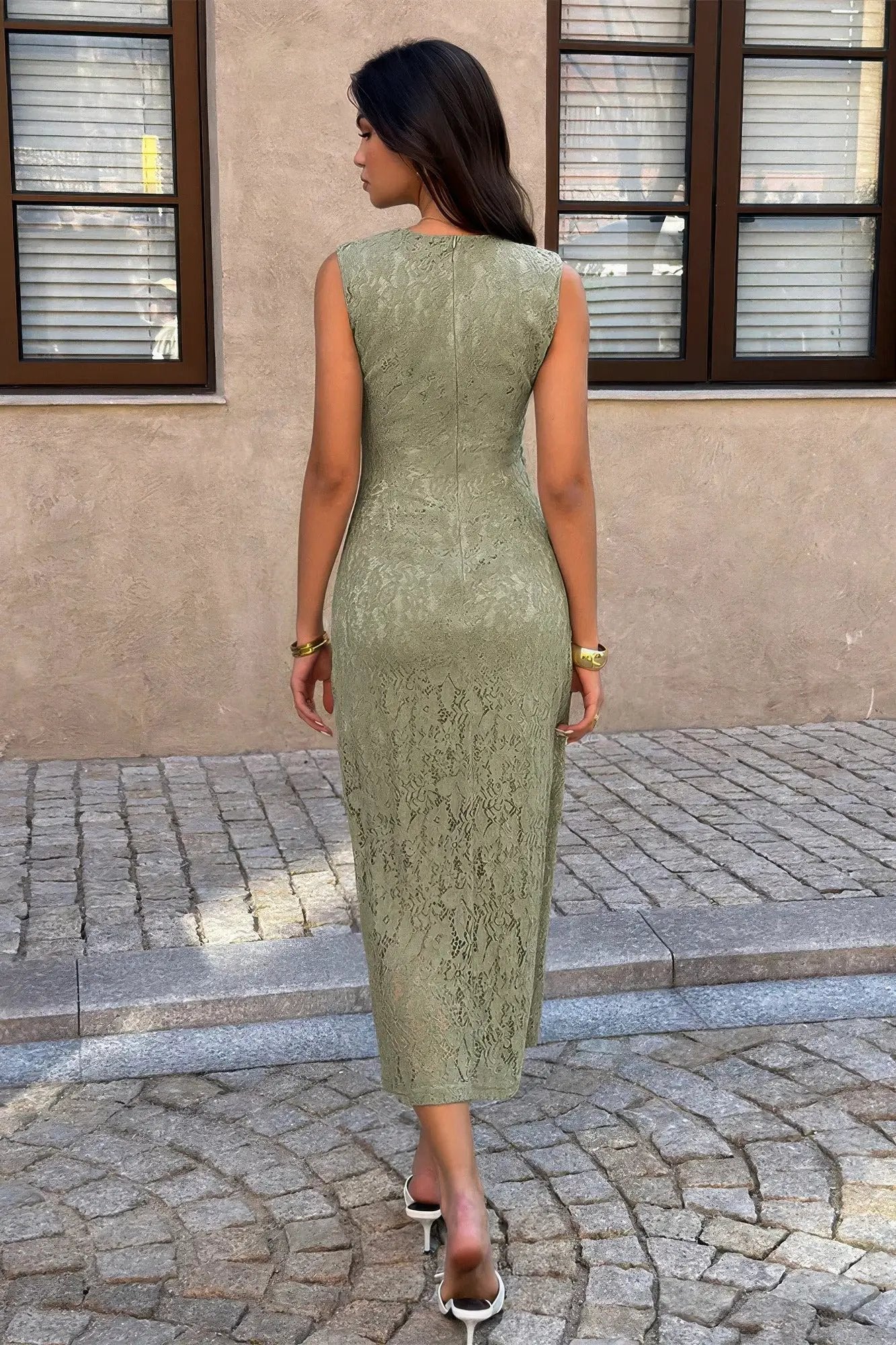 Damen Cocktail Midikleid mit Spitze und Taillenraffung