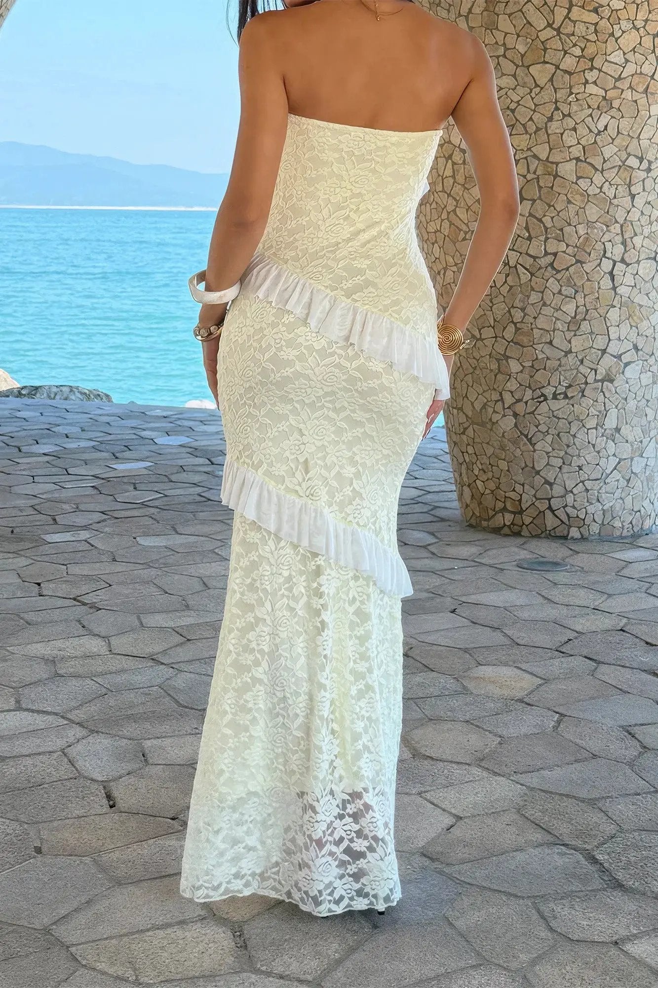 Damen Off Shoulder Bodycon Maxikleid mit Spitze