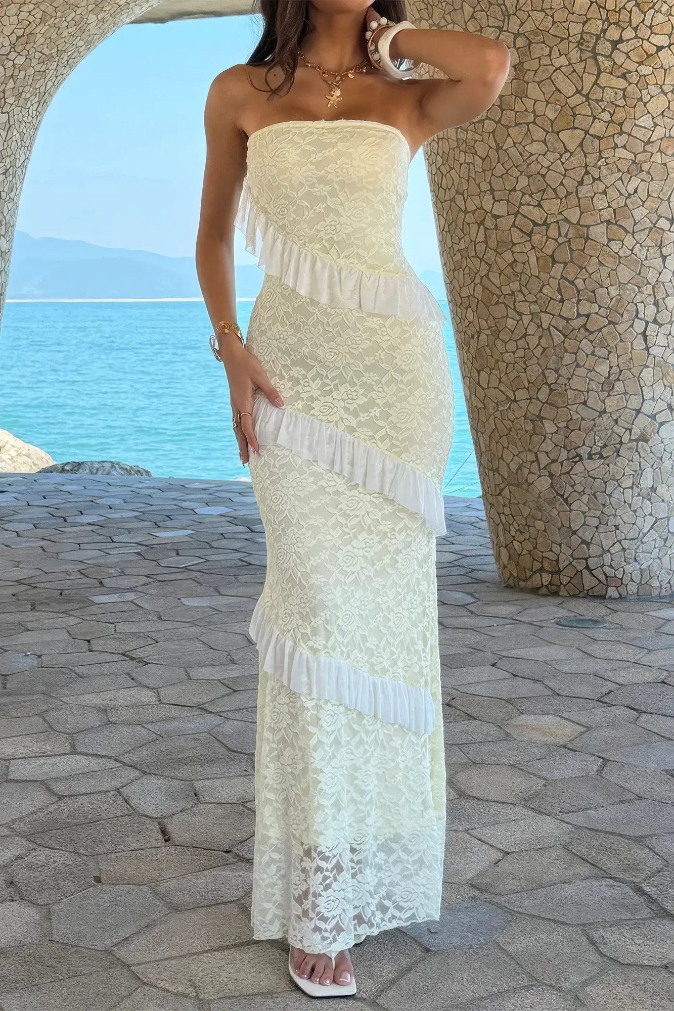 Damen Off Shoulder Bodycon Maxikleid mit Spitze