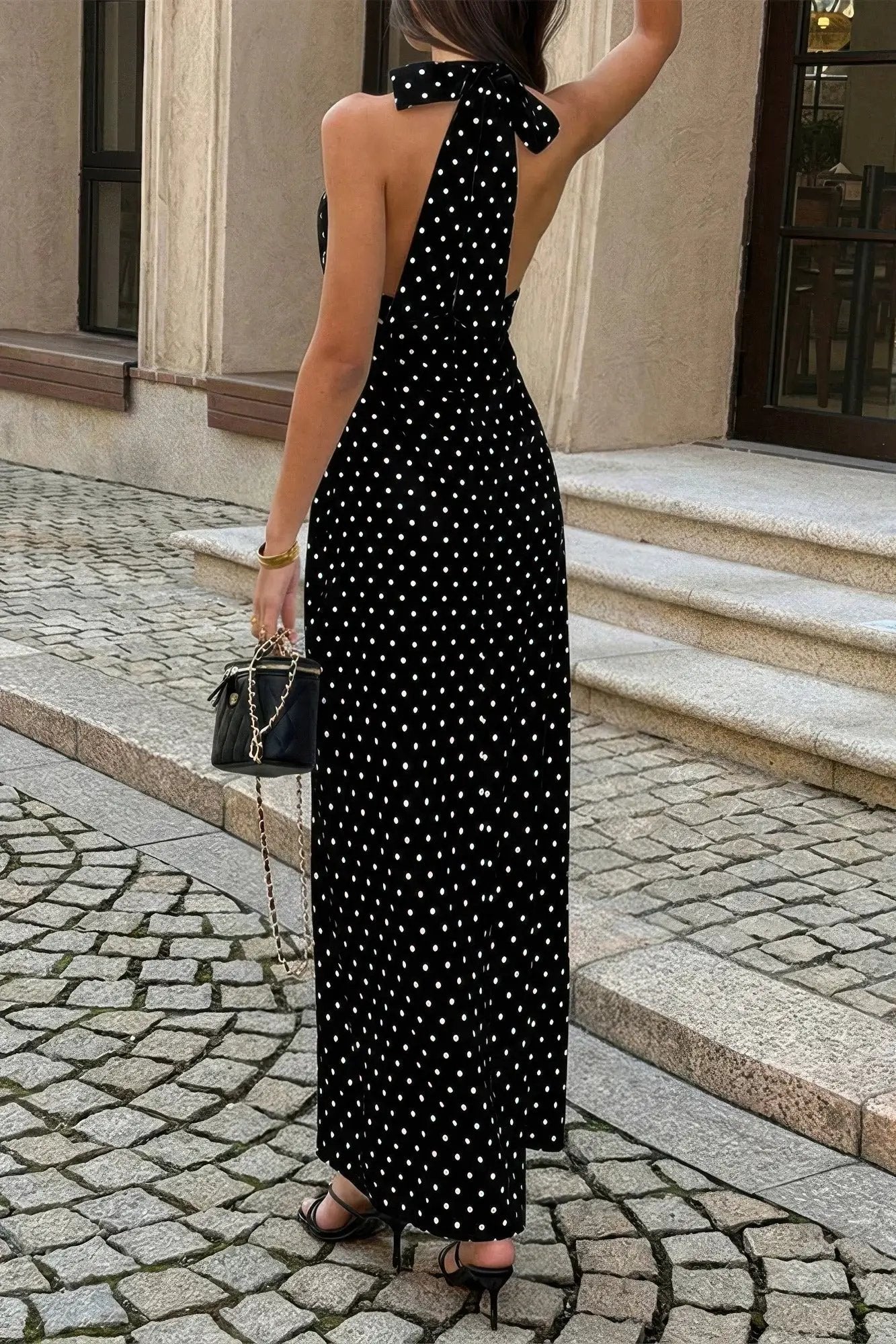 Damen ärmelloses Bodycon langes Kleid mit Tupfenmuster