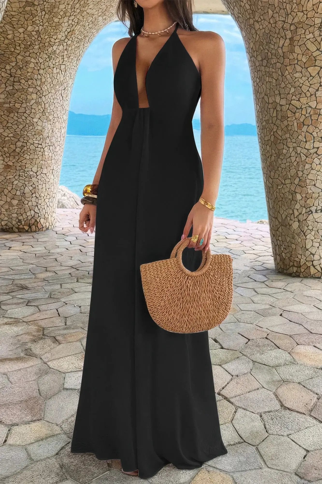 Damen Halter A Linie Maxikleid mit verstecktem Reißverschluss