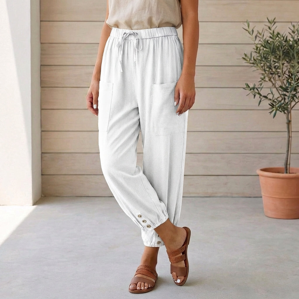 Hoch taillierte Relaxed-Cropped-Hose mit gerafften Knöcheln aus Leinen