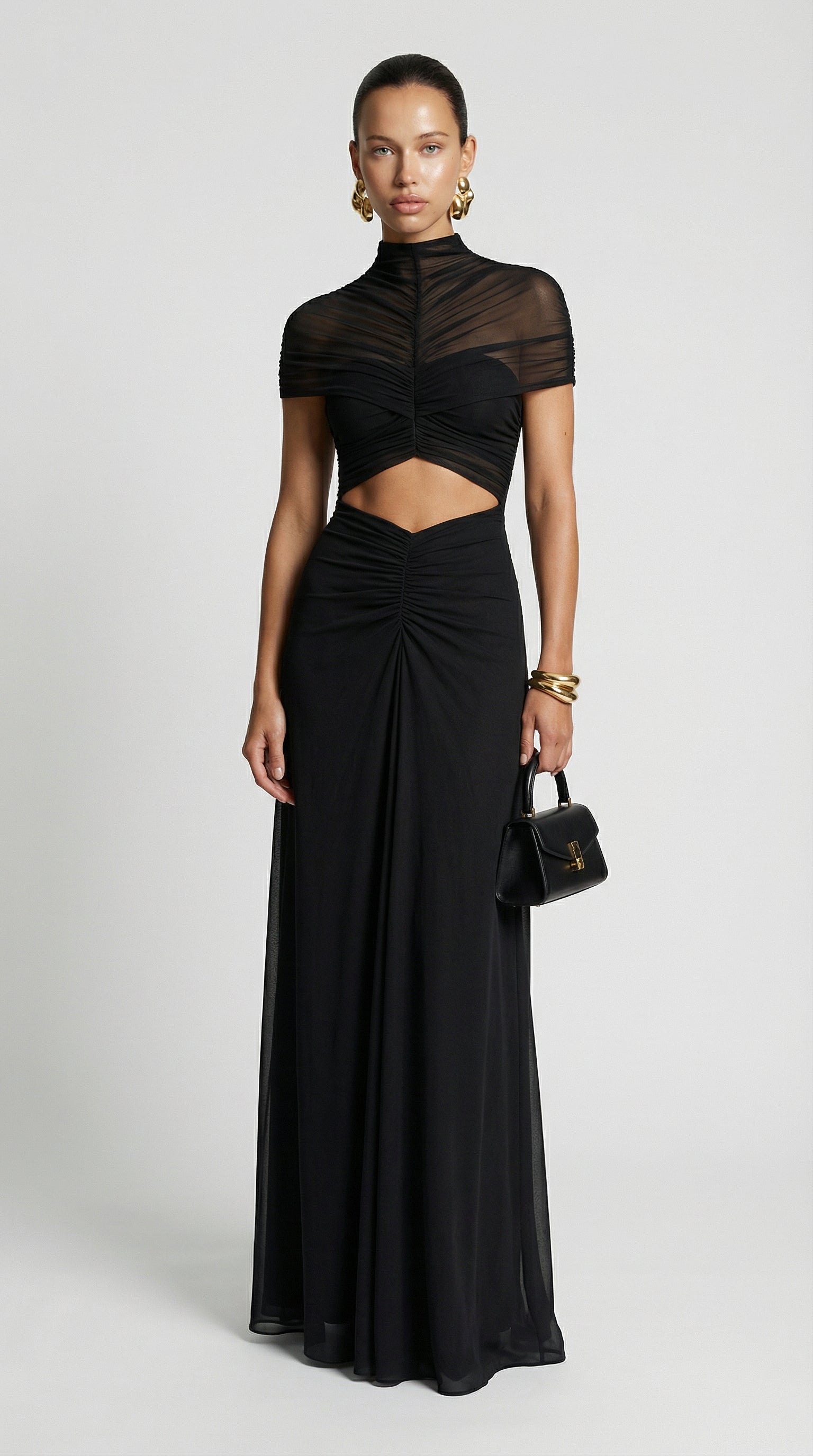 Damen gerafftes Mesh Maxikleid mit Cut-Outs