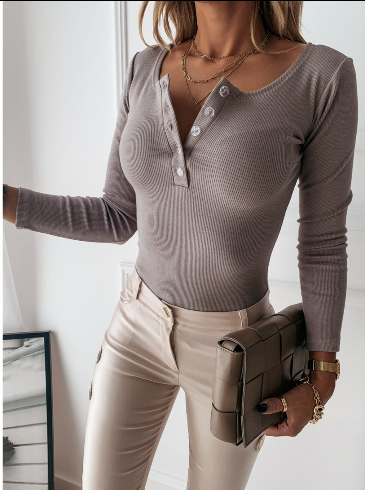 Aurelia Damen gerippter Henley Langarm Body