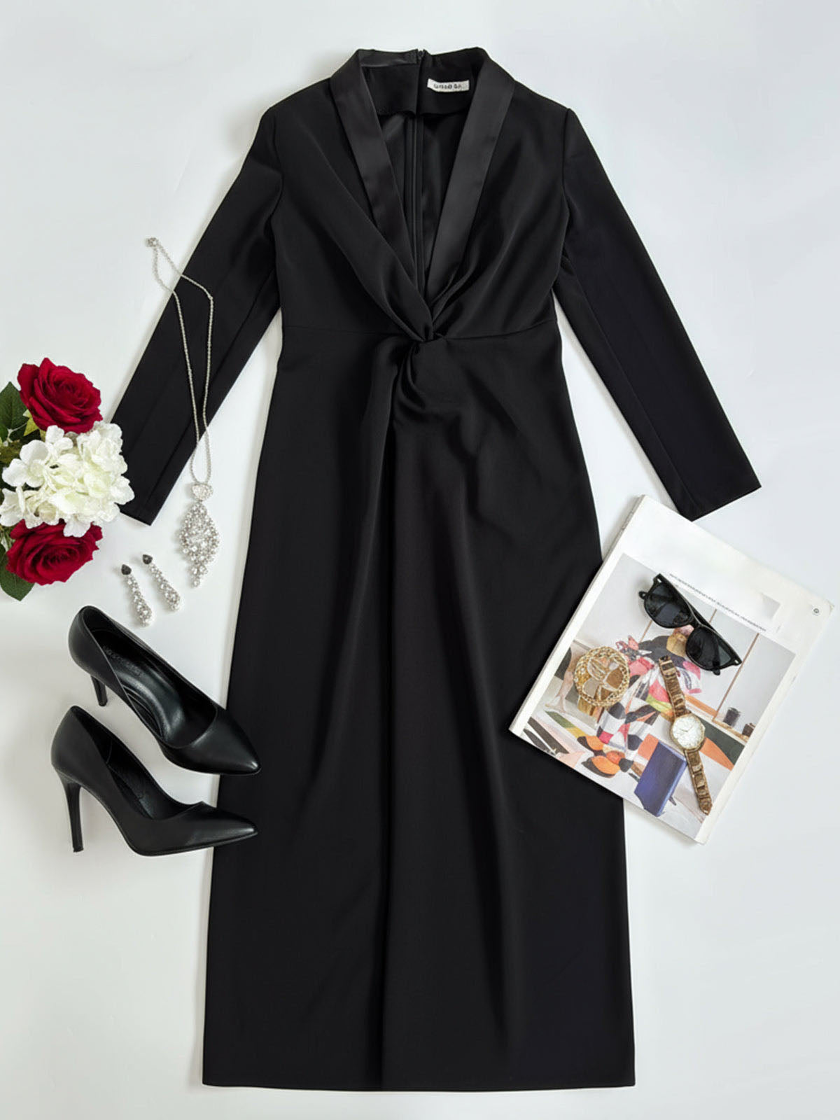 Langarm-Skinny-Maxikleid mit tiefem V-Ausschnitt – Unifarben