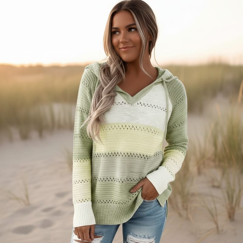Damen Strickpullover mit Kapuze und Streifen