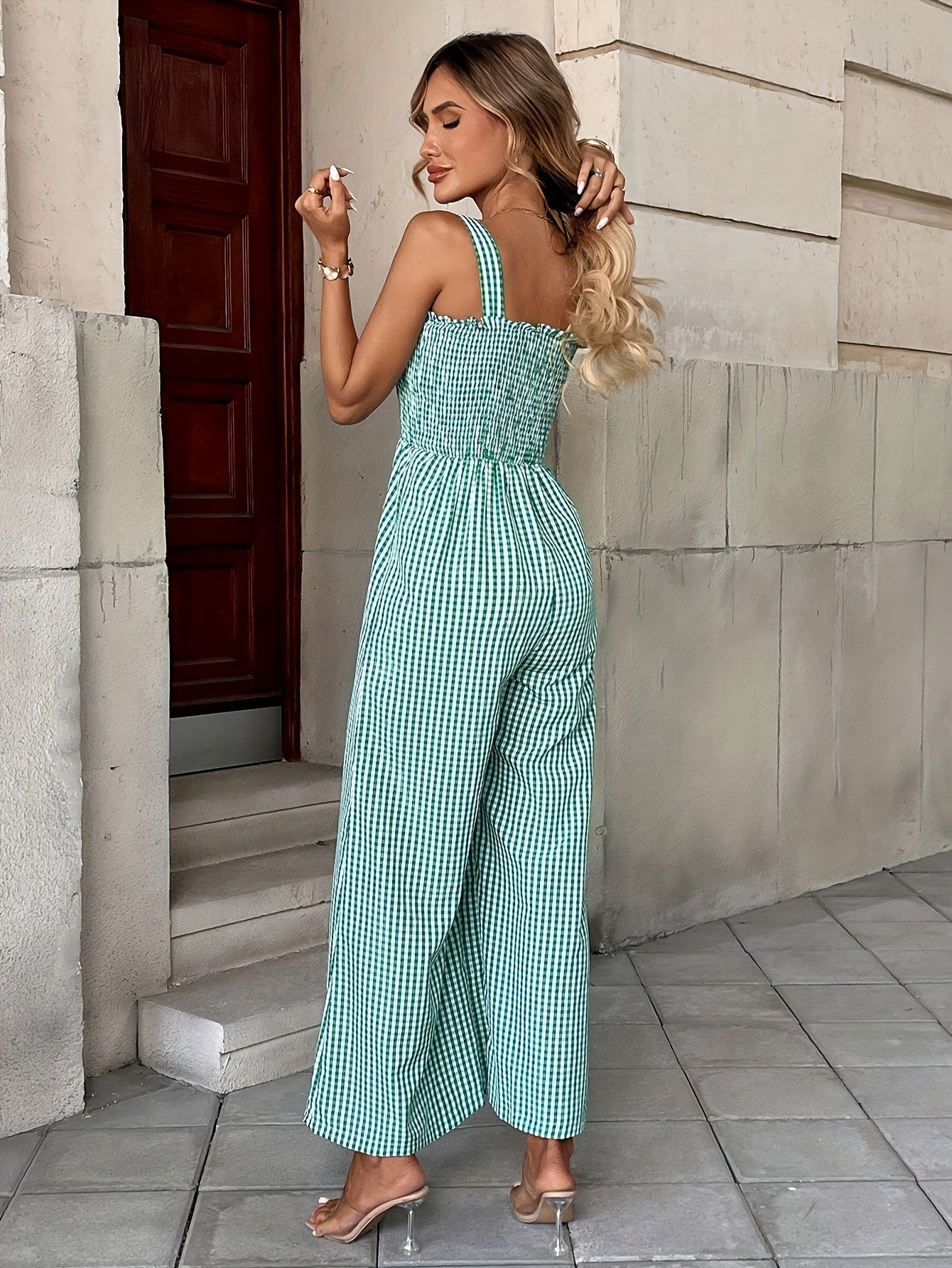 Damen karierter weiter Jumpsuit mit Kräuseloberteil und Rüschen