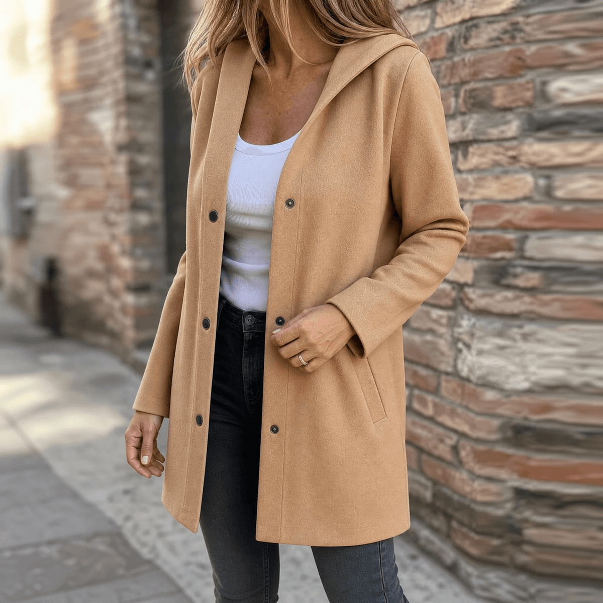 Damen Strickjacke mit Kapuze und Knöpfen