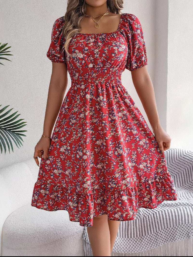 Blumenprint Kleid mit quadratischem Ausschnitt Rüschen und hoher Taille