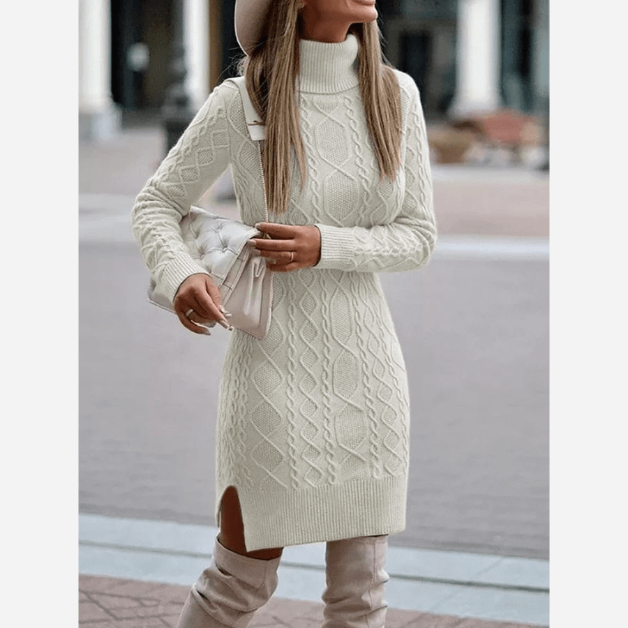 Damen Herbst Rollkragen Strickkleid mit Seitenschlitz