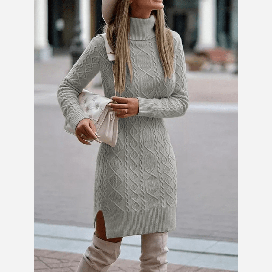 Damen Herbst Rollkragen Strickkleid mit Seitenschlitz
