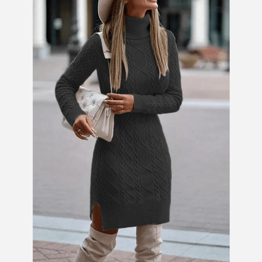 Damen Herbst Rollkragen Strickkleid mit Seitenschlitz