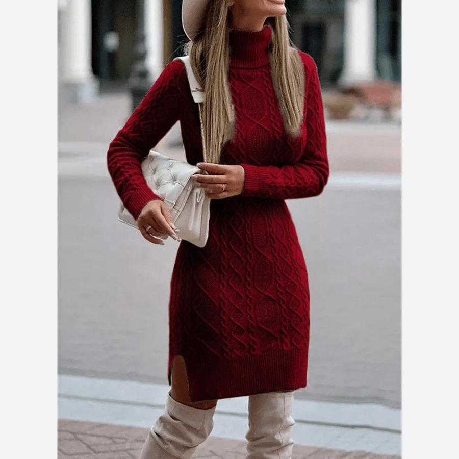 Damen Herbst Rollkragen Strickkleid mit Seitenschlitz
