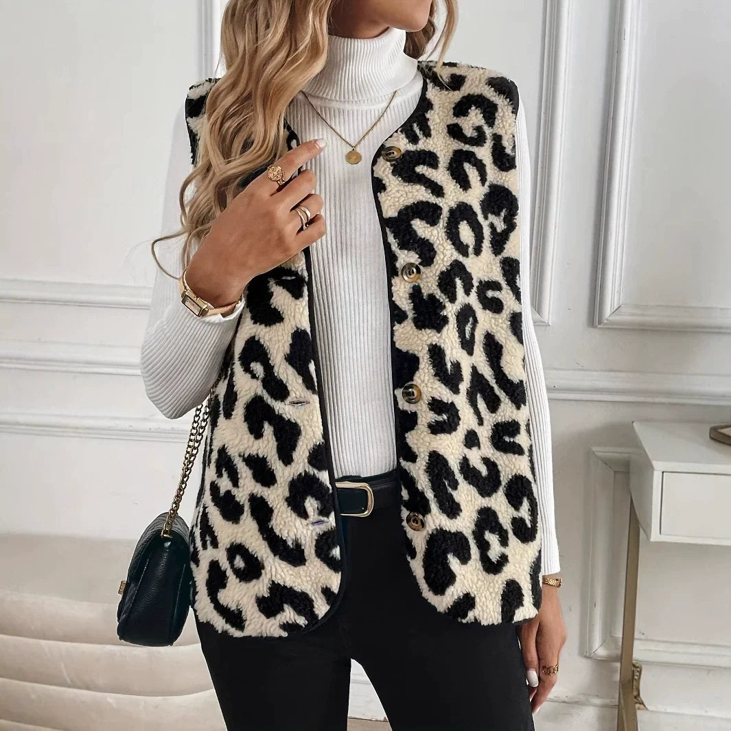 Damen Weste mit Leopardenmuster und Knopfleiste