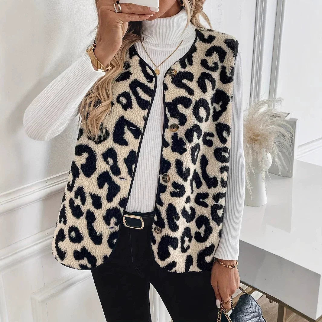 Damen Weste mit Leopardenmuster und Knopfleiste