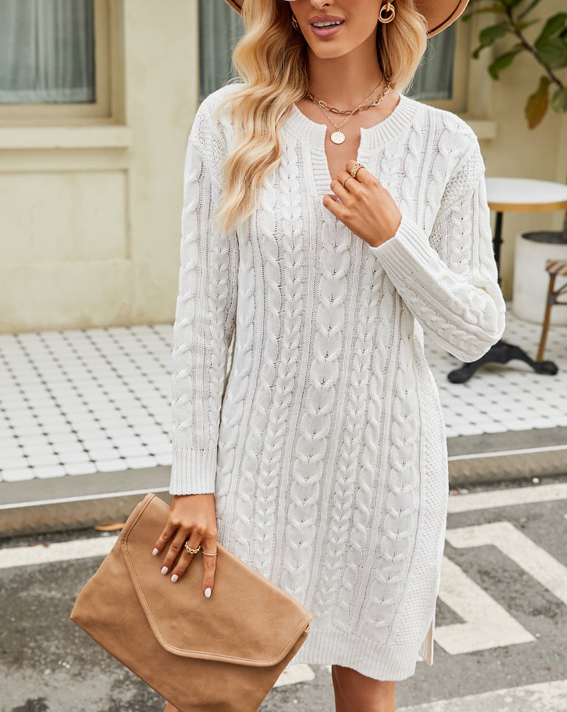 Damen Herbst Strickkleid mit Zopfmuster und V Ausschnitt