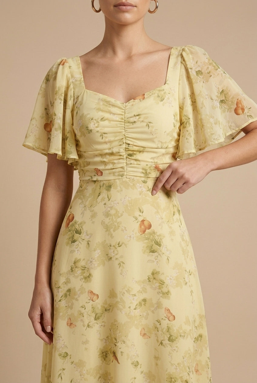 Damen Maxikleid mit Blumenmuster, quadratischem Ausschnitt und Puffärmeln