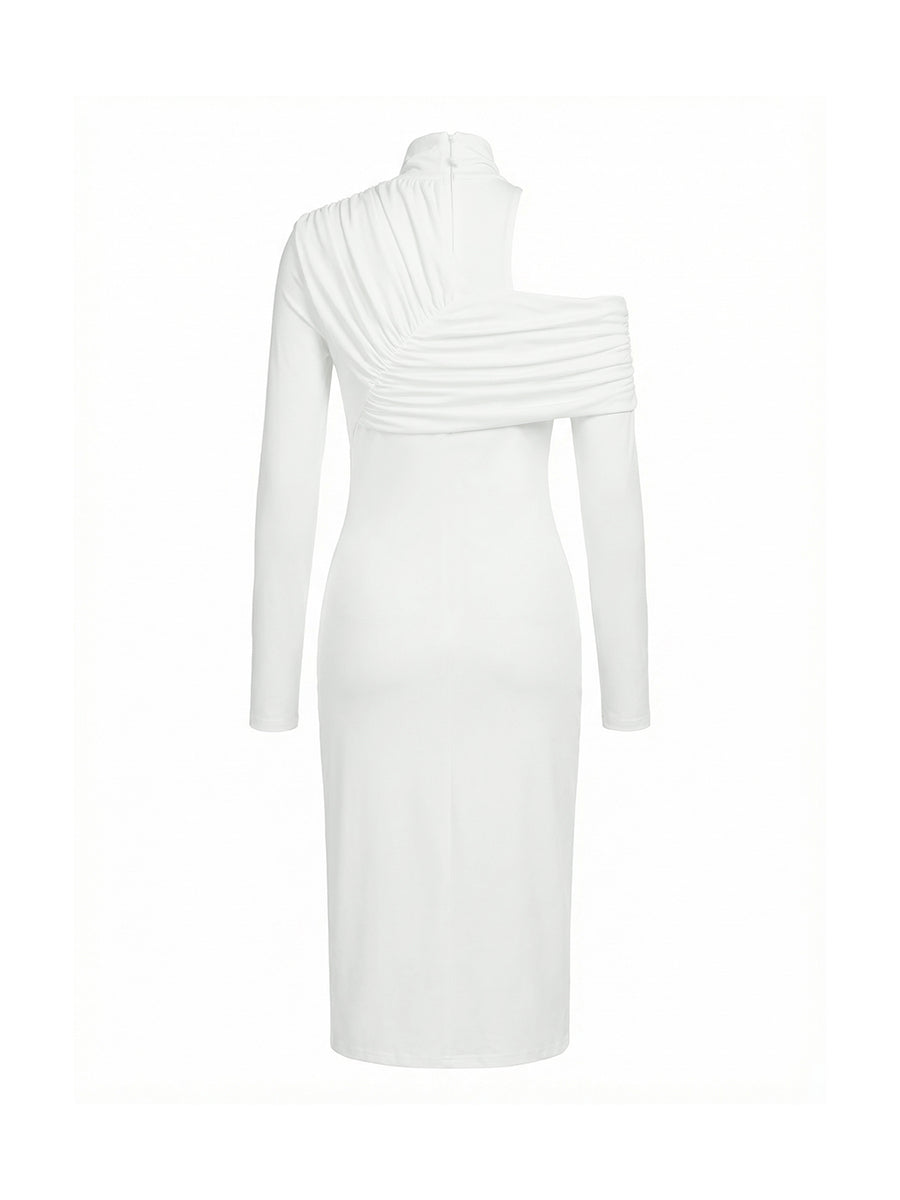 Asymmetrisches plissiertes Midikleid mit Stehkragen