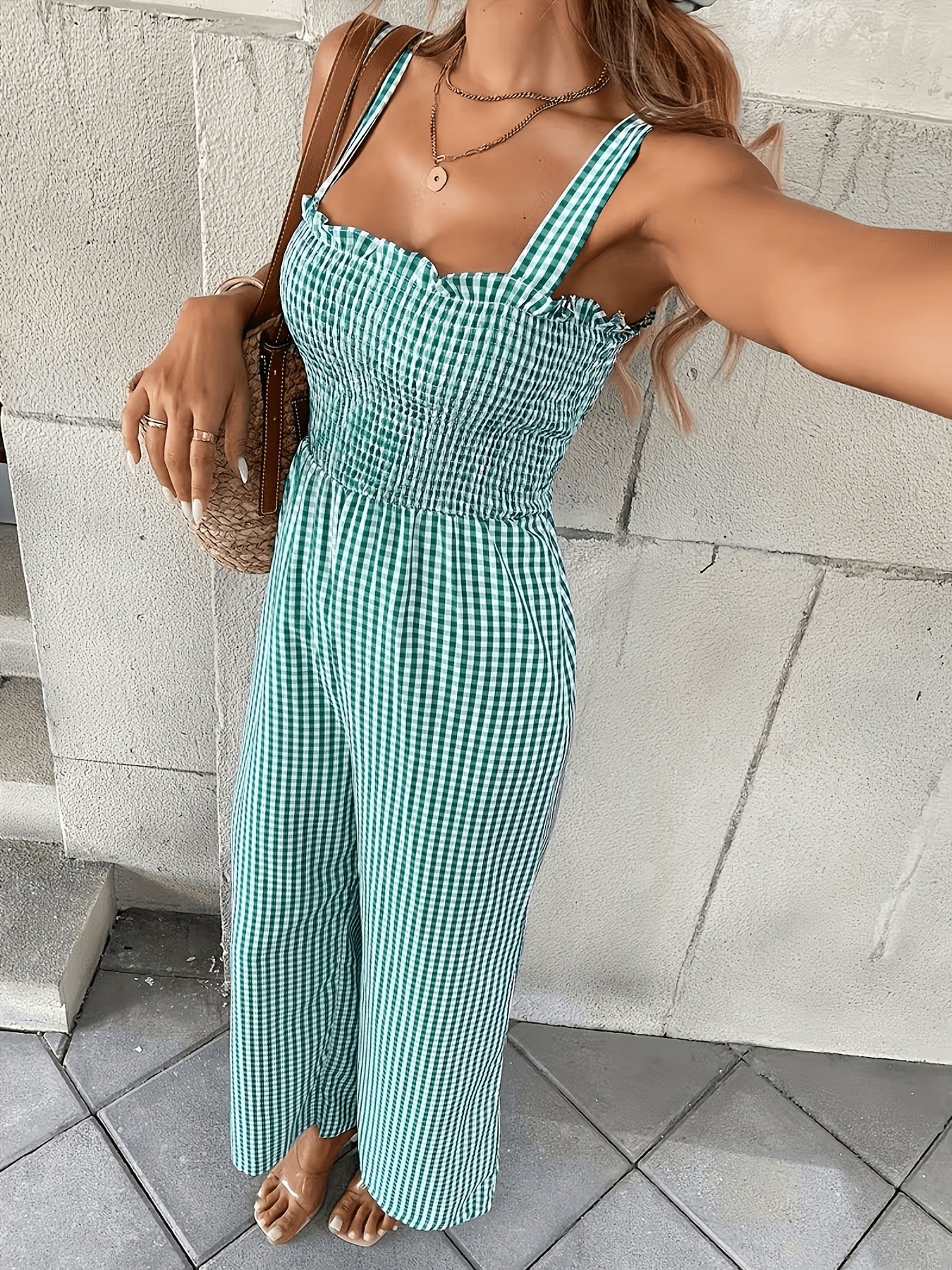 Damen karierter weiter Jumpsuit mit Kräuseloberteil und Rüschen