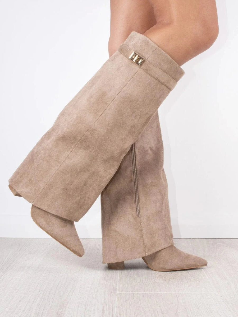 Damen kniehohe Stiefel mit Goldschnalle