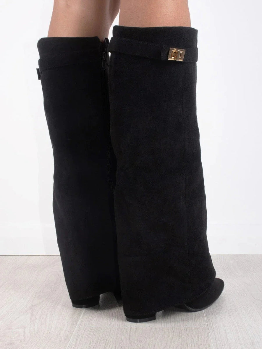 Damen kniehohe Stiefel mit Goldschnalle