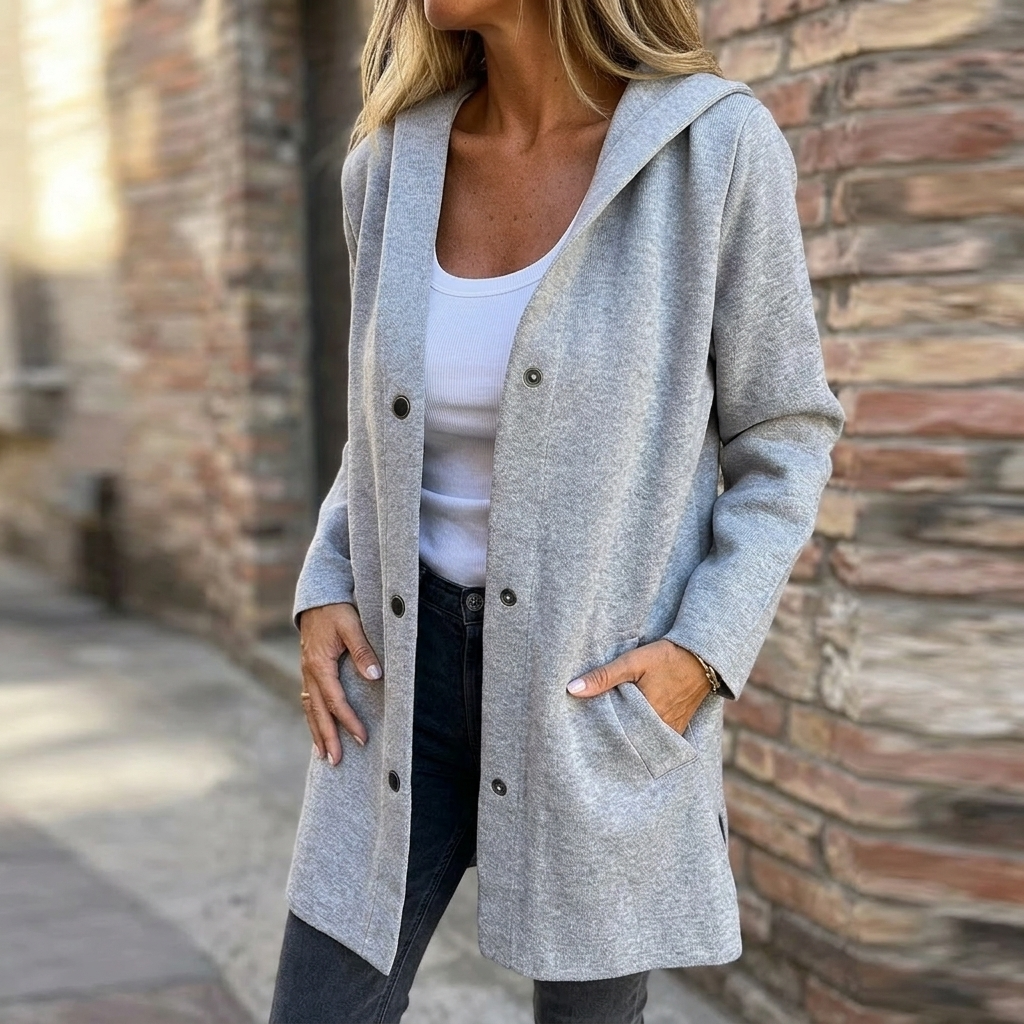 Damen Strickjacke mit Kapuze und Knöpfen