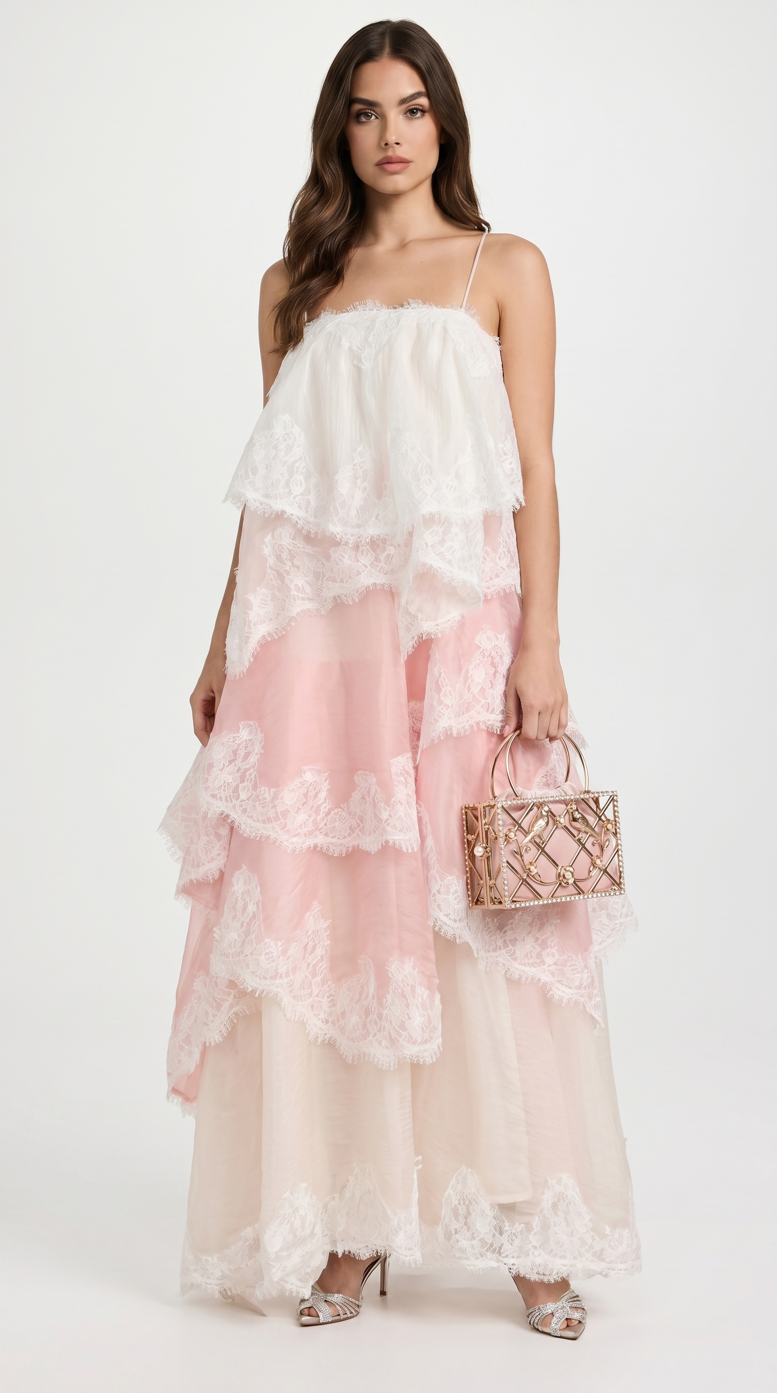 Damen Gestuftes Spitzen Organza Maxikleid