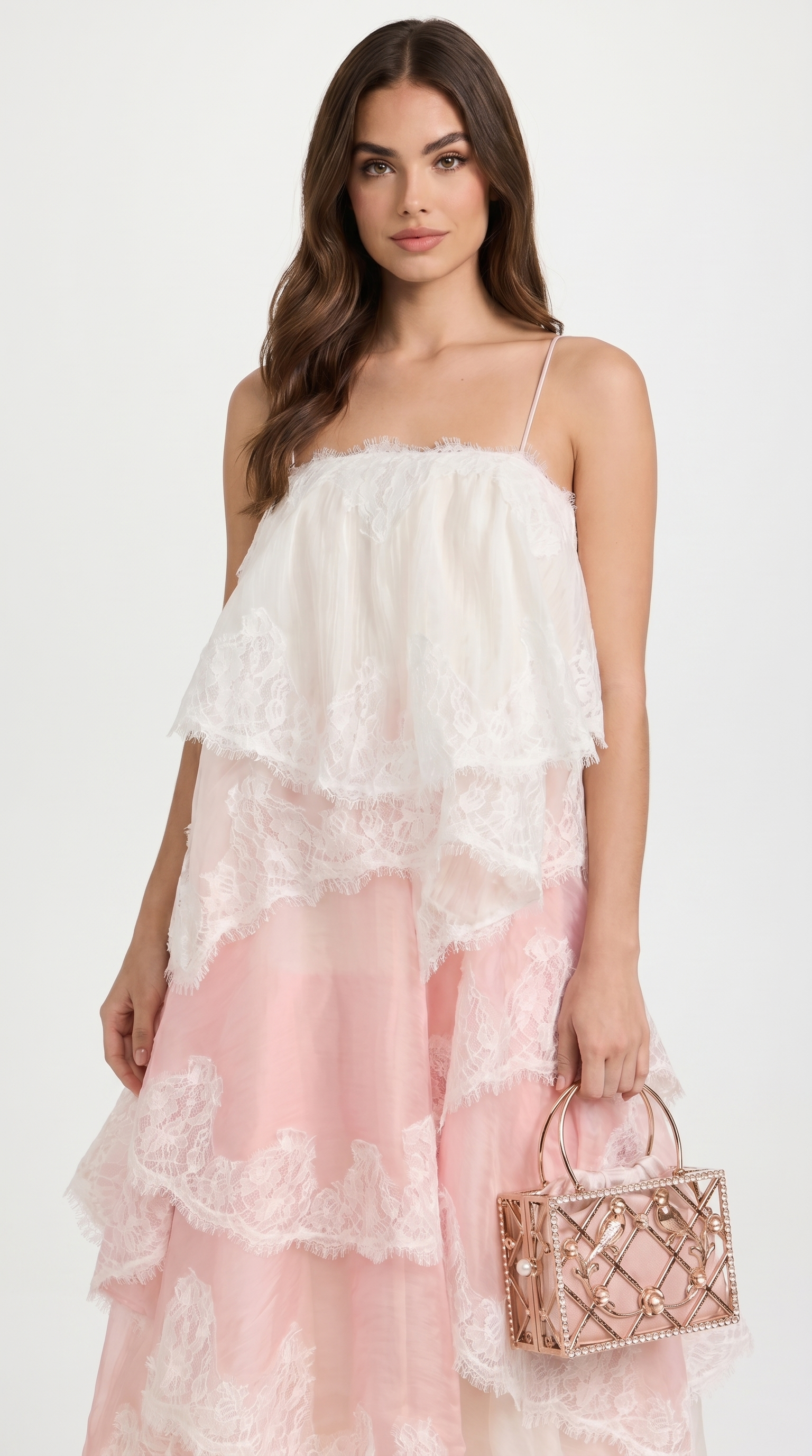 Damen Gestuftes Spitzen Organza Maxikleid