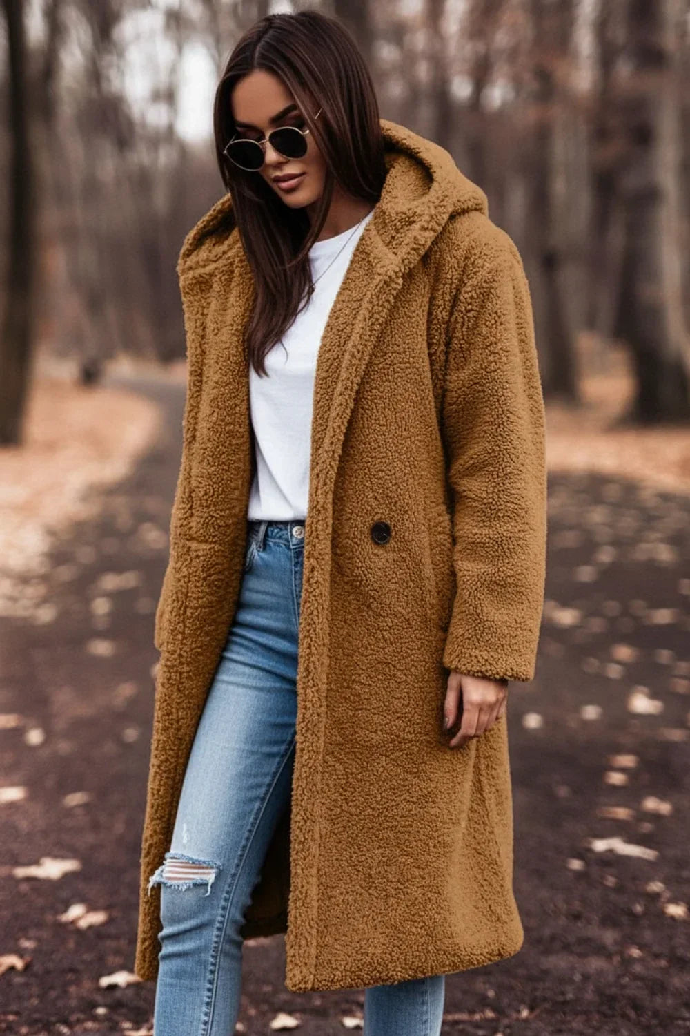 Damen Oversize Teddy Mantel mit Kapuze warm und kuschelig