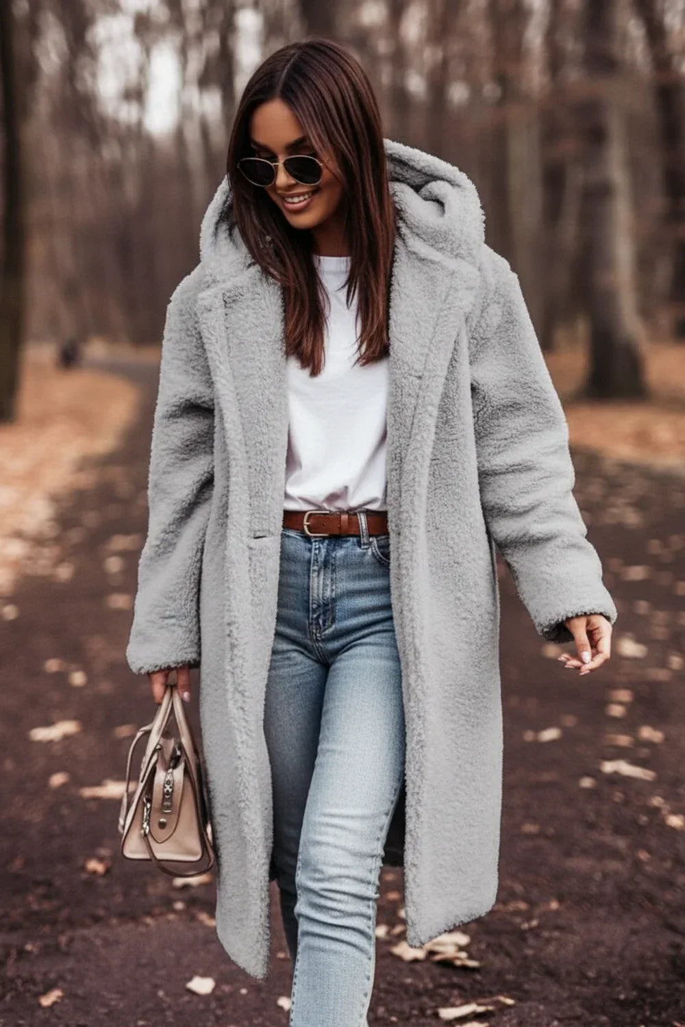 Damen Oversize Teddy Mantel mit Kapuze warm und kuschelig