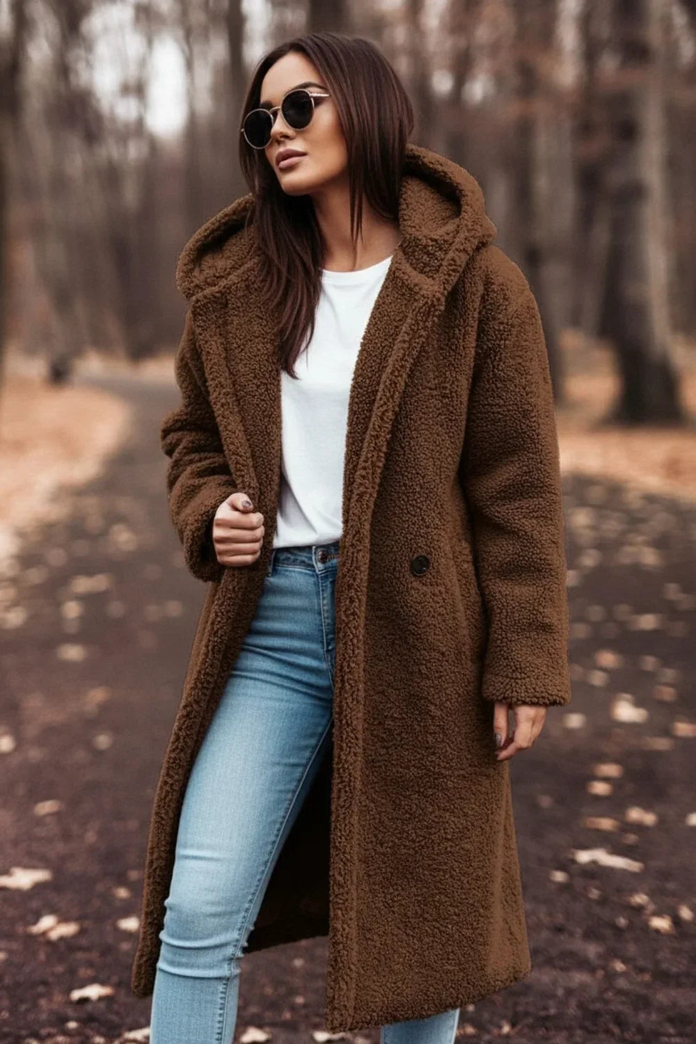 Damen Oversize Teddy Mantel mit Kapuze warm und kuschelig