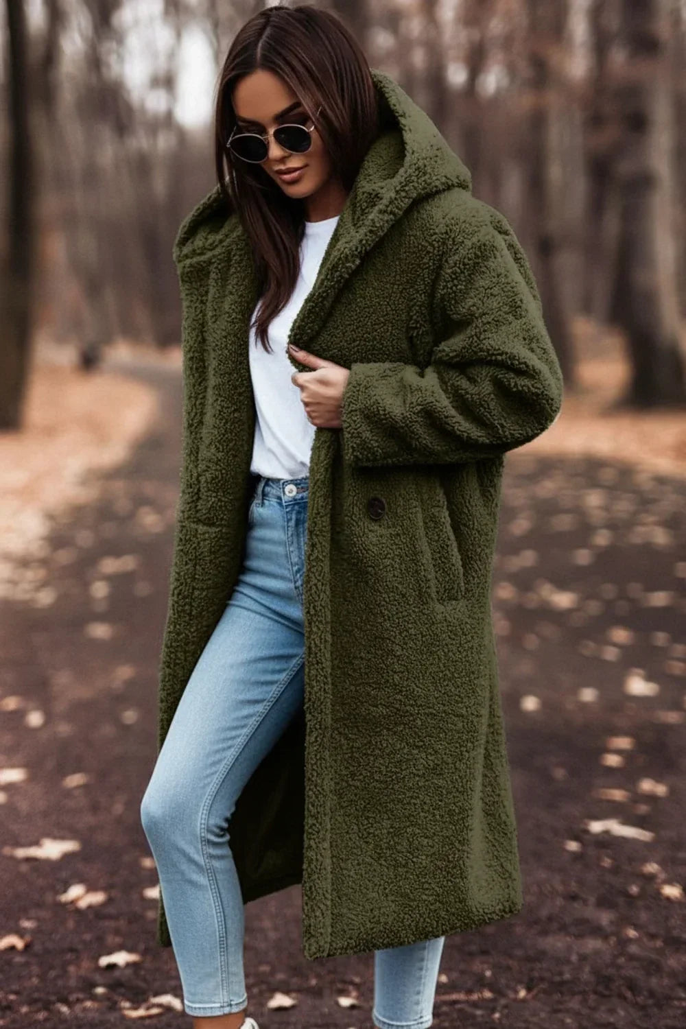 Damen Oversize Teddy Mantel mit Kapuze warm und kuschelig