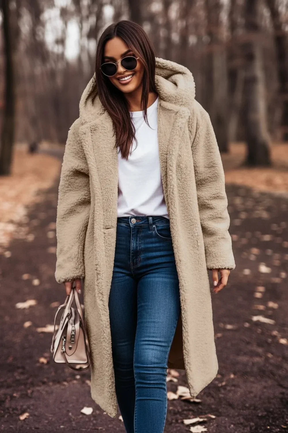 Damen Oversize Teddy Mantel mit Kapuze warm und kuschelig