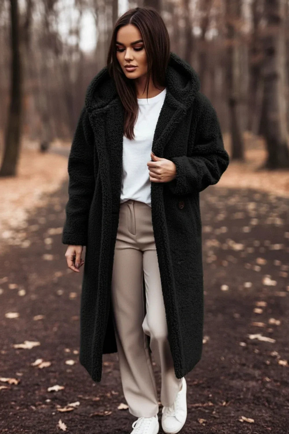 Damen Oversize Teddy Mantel mit Kapuze warm und kuschelig