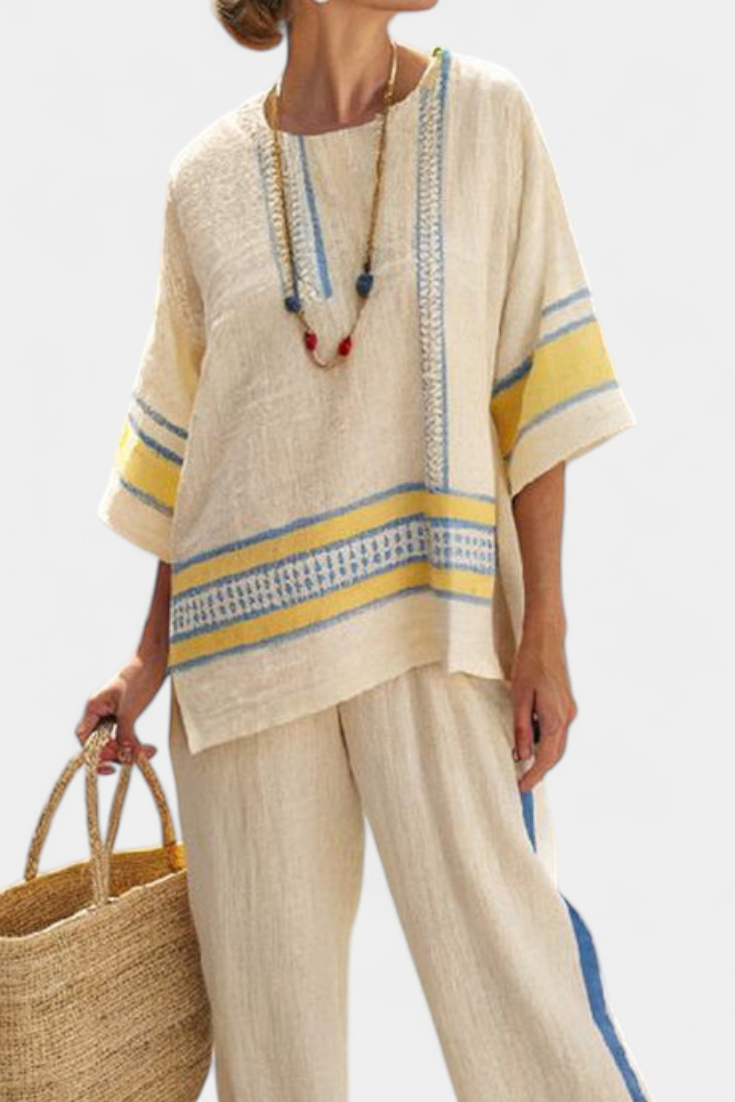 Jaxmere | Bequemes blau-gelbes mediterranes Oberteil & Leinenhose
