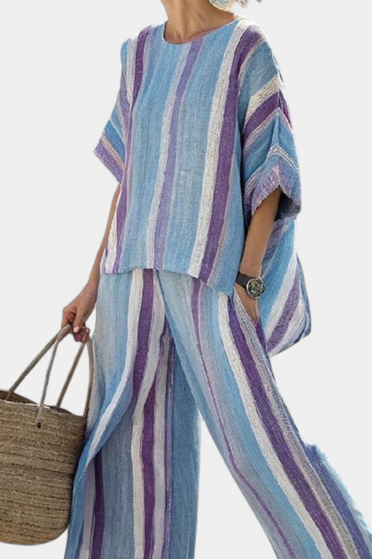 Faelith | Elegantes mauve pastellfarbenes Oberteil & gestreifte Leinenhose
